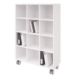 Biblio bois à roulettes L104xH150xP40cm - 12 cases BLANC