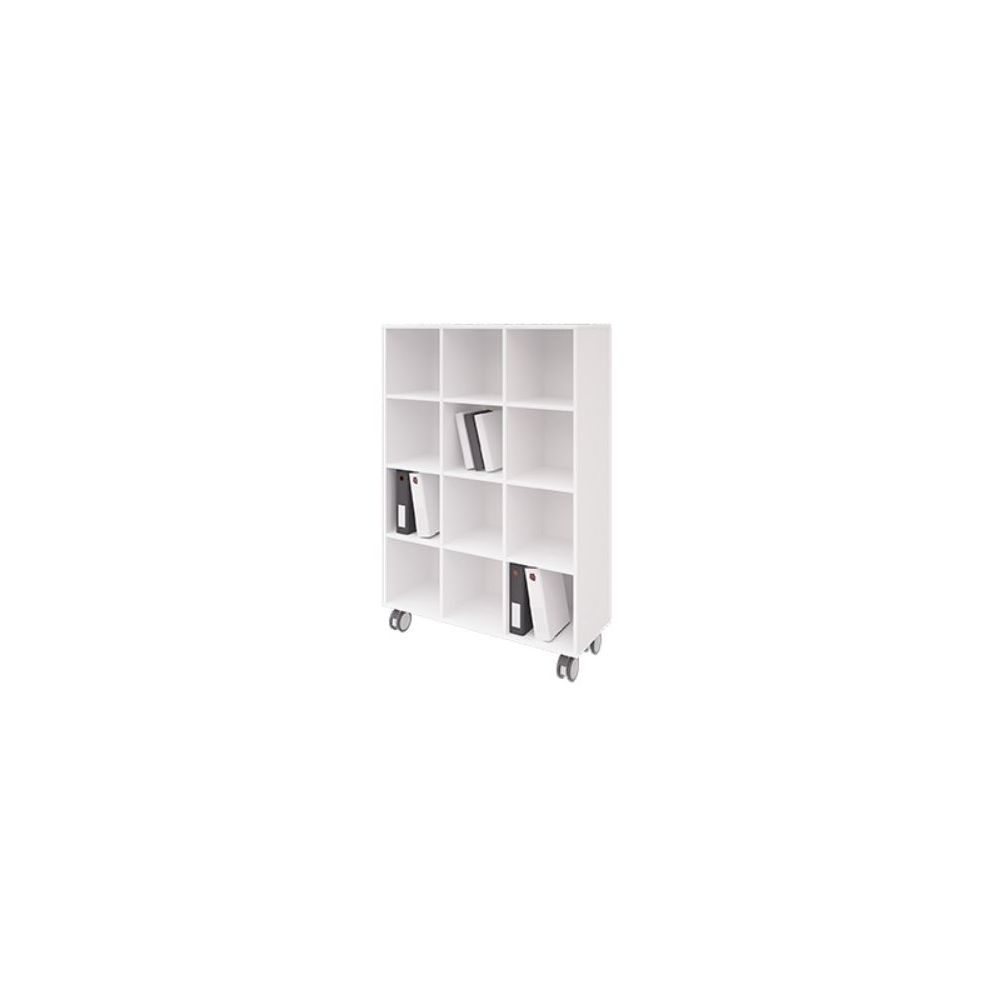 Biblio bois à roulettes L104xH150xP40cm - 12 cases BLANC