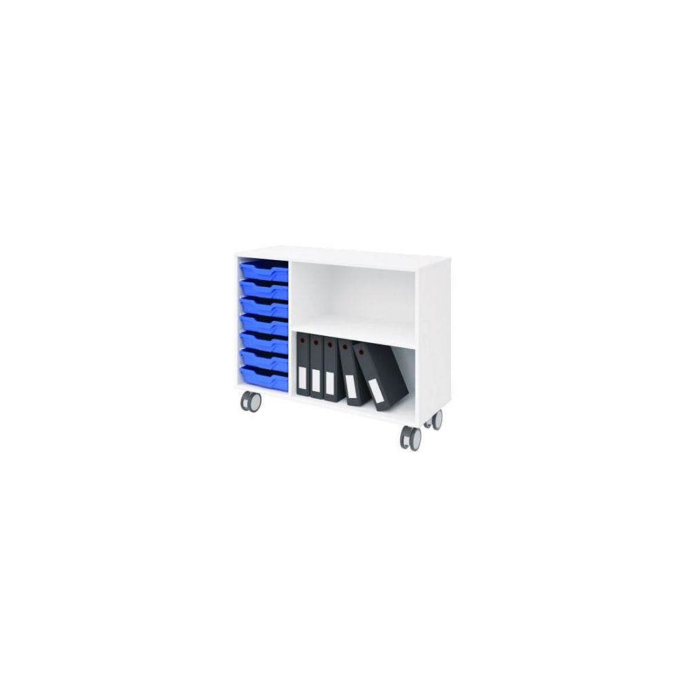 Biblio bois à roulettes L104xH90x40cm - 7 bacs BLEU + 1 étagère BLANC