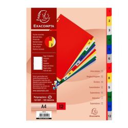 Intercalaires PVC A4 12 touches numériques - Multicolores + index